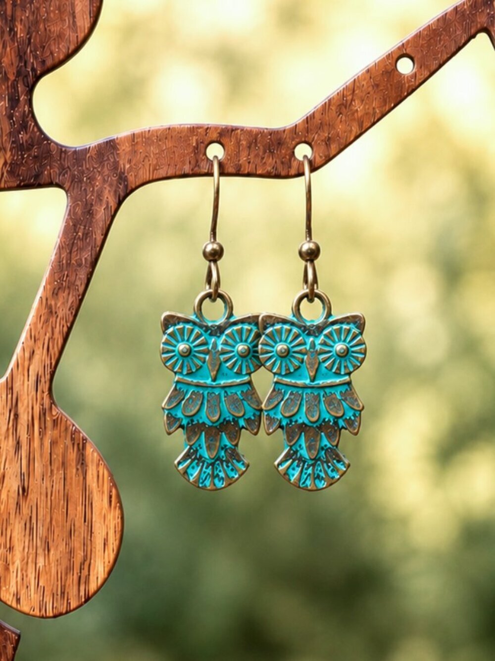 Patina Owl Drop Earrings - Picture 5 of 7